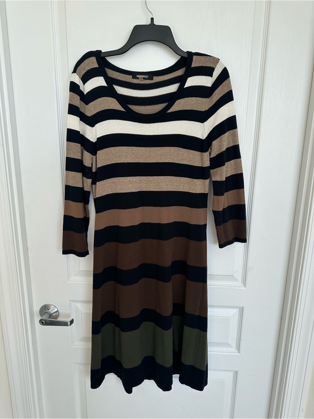 Nine West, Brown, Cream & Olive Striped Long Sleeve Dress